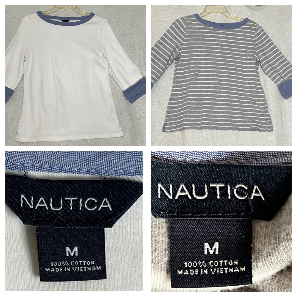 Nautica  (2) Shirts Women 3/4 Sleeve Cotton Medium 1-Strip 1-Solid